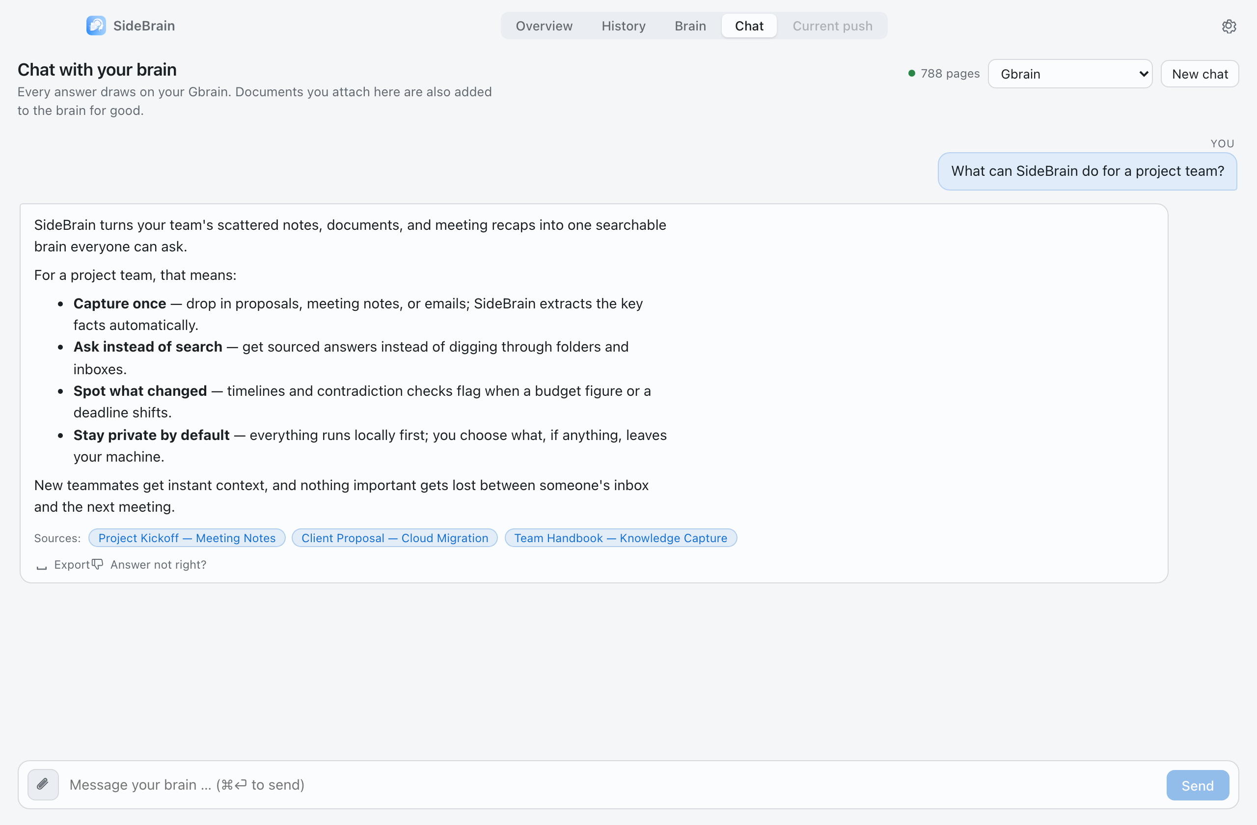 SideBrain-Chat mit beantworteter Frage „What can SideBrain do for a project team?“ und drei Quellen-Chips: Project Kickoff — Meeting Notes, Client Proposal — Cloud Migration, Team Handbook — Knowledge Capture.
